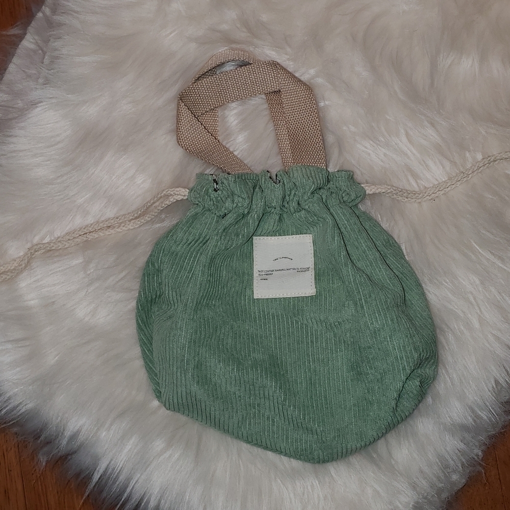 Green Corduroy Drawstring Bag